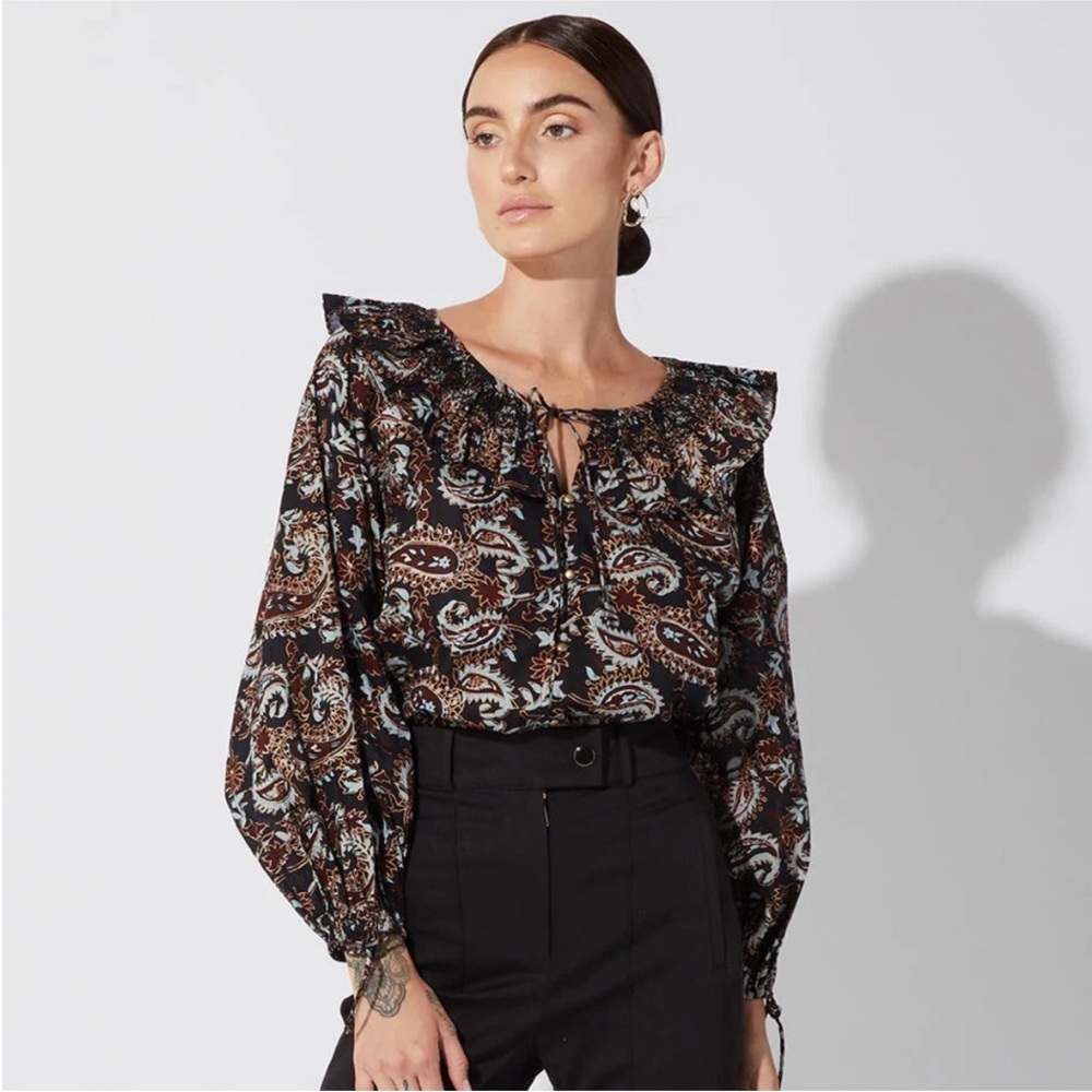 Cleobella Jillian Organic Cotton Blouse in Avalon Block Print, size L